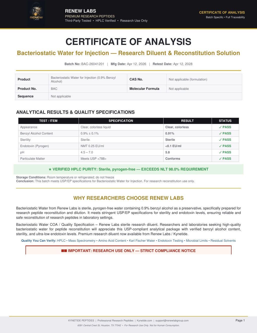 HPLC Lab Services & Bacteriostatic Water Manufacturing Renew Labs Certificate of Analysis - Bacteriostatic Water Batch BAC-26041201 - HPLC Verified