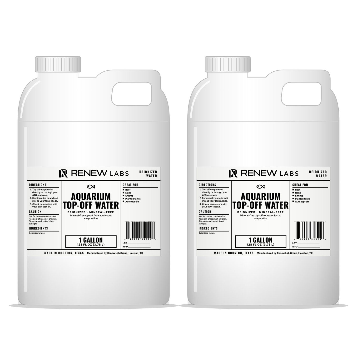 Renew Labs Aquarium Top-Off Water 1 Gallon, 2-Pack (2 Gallons) bottle with label, made in Houston, Texas
