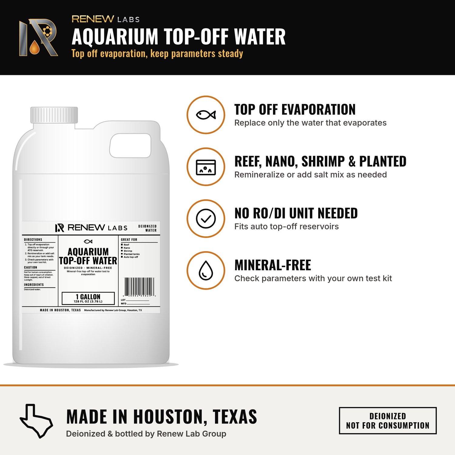 Renew Labs Aquarium Top-Off Water benefits infographic: top off evaporation, reef, nano, shrimp & planted tanks, no ro/di unit needed