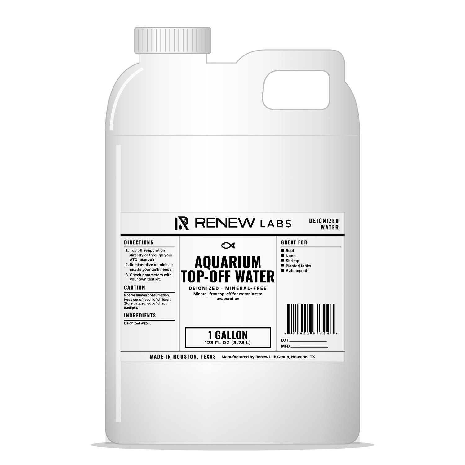 Renew Labs Aquarium Top-Off Water 1 Gallon bottle with label, made in Houston, Texas