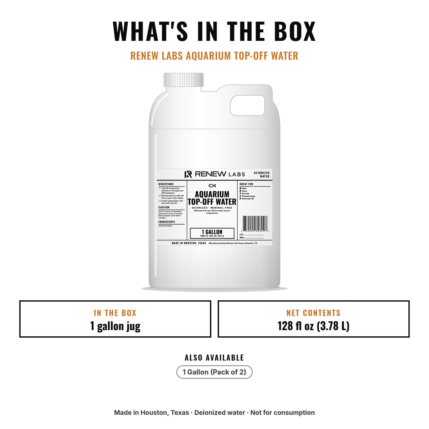 What's in the box: Renew Labs Aquarium Top-Off Water, 1 Gallon