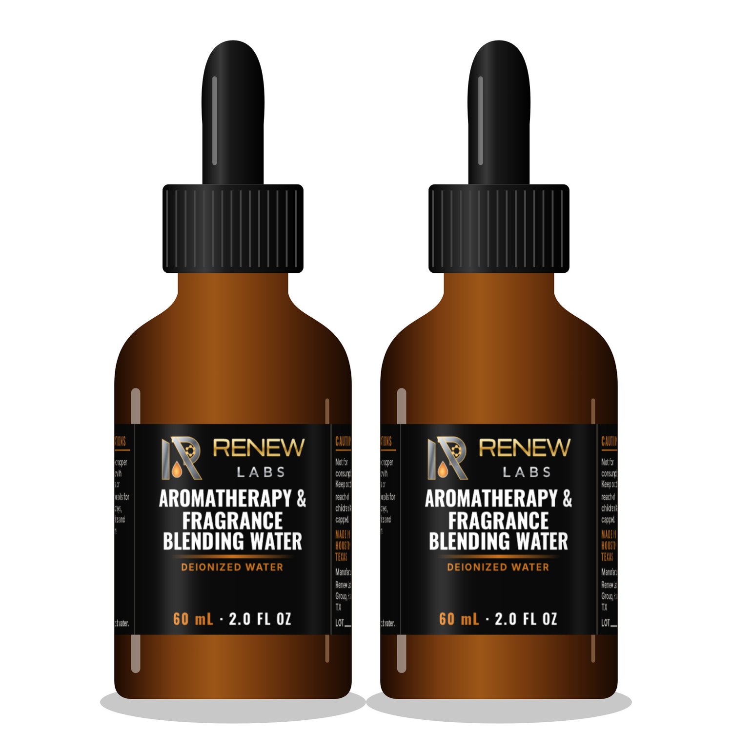 Renew Labs Aromatherapy & Fragrance Blending Water 2 x 60 mL Amber Glass Dropper Bottles bottle with label, made in Houston, Texas