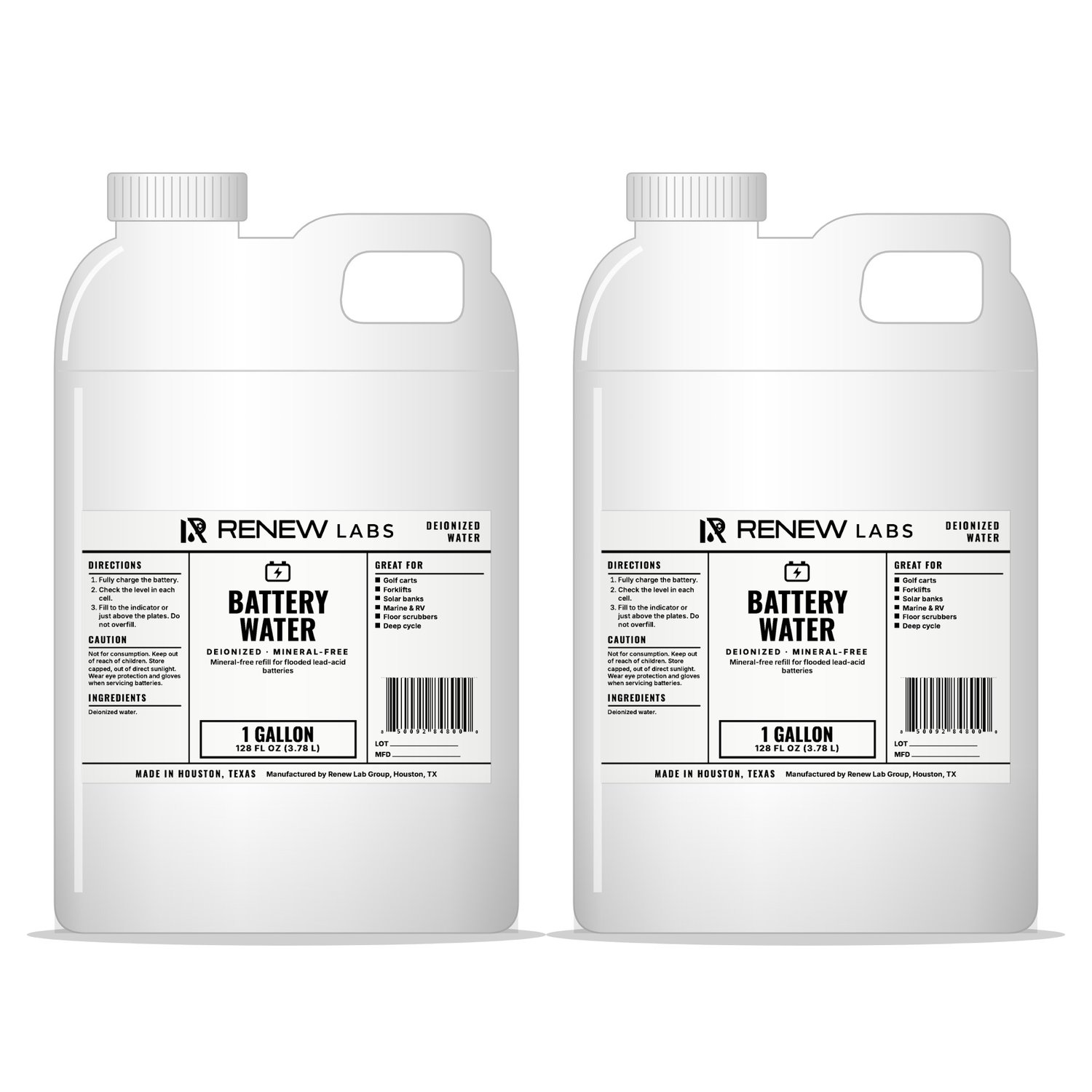 Renew Labs Battery Water 1 Gallon, 2-Pack (2 Gallons) bottle with label, made in Houston, Texas