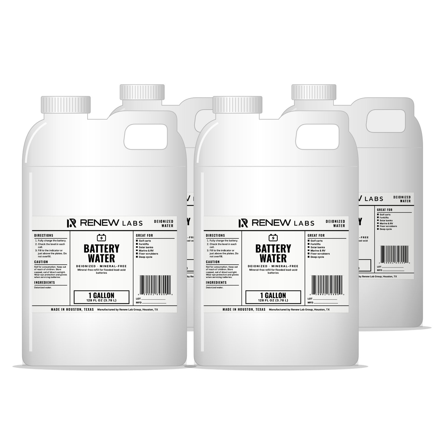 Renew Labs Battery Water 1 Gallon, 4-Pack (4 Gallons) bottle with label, made in Houston, Texas
