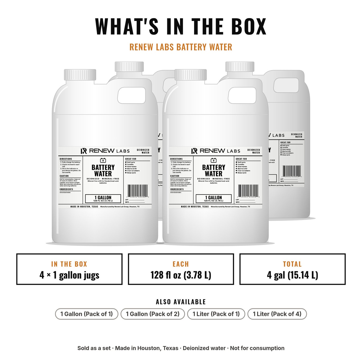 What's in the box: Renew Labs Battery Water, 1 Gallon, 4-Pack (4 Gallons)