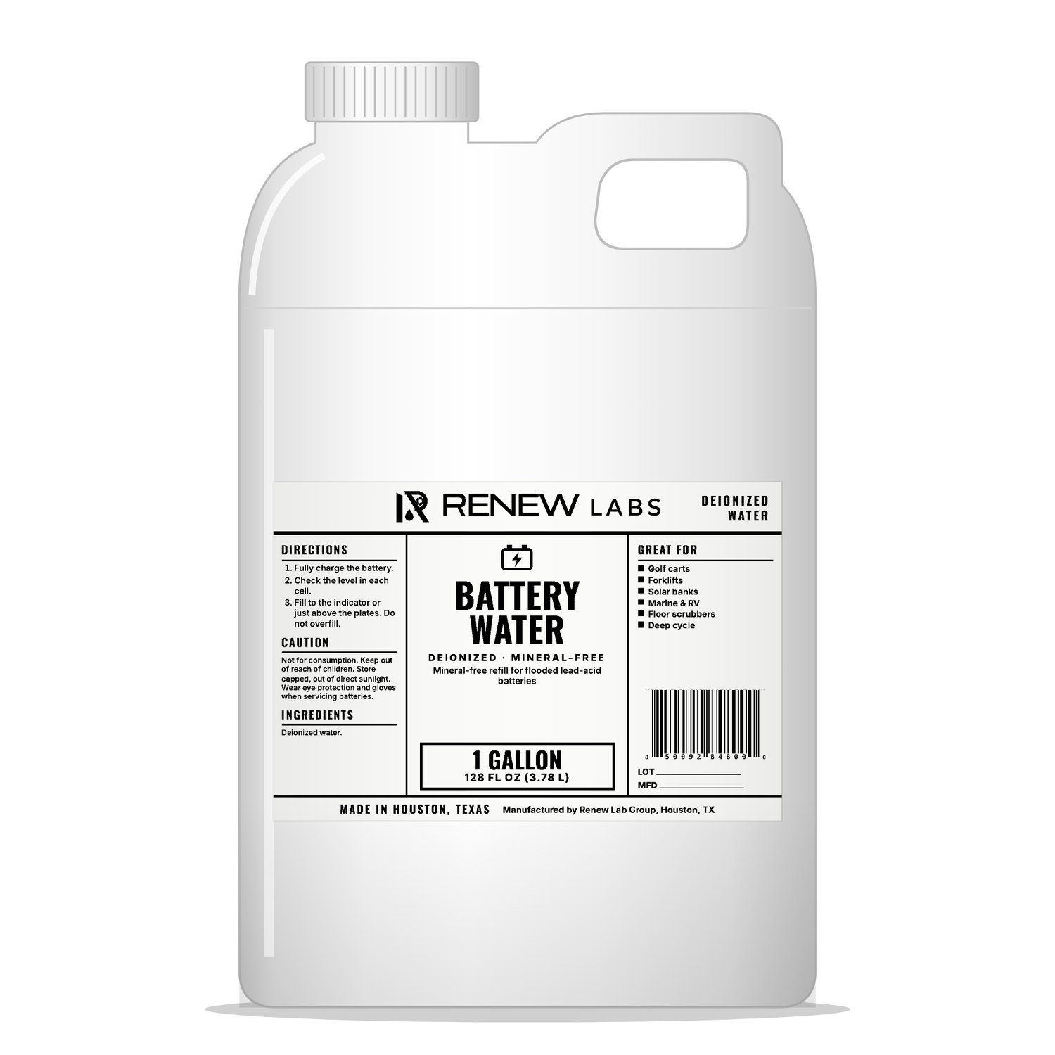 Renew Labs Battery Water 1 Gallon bottle with label, made in Houston, Texas
