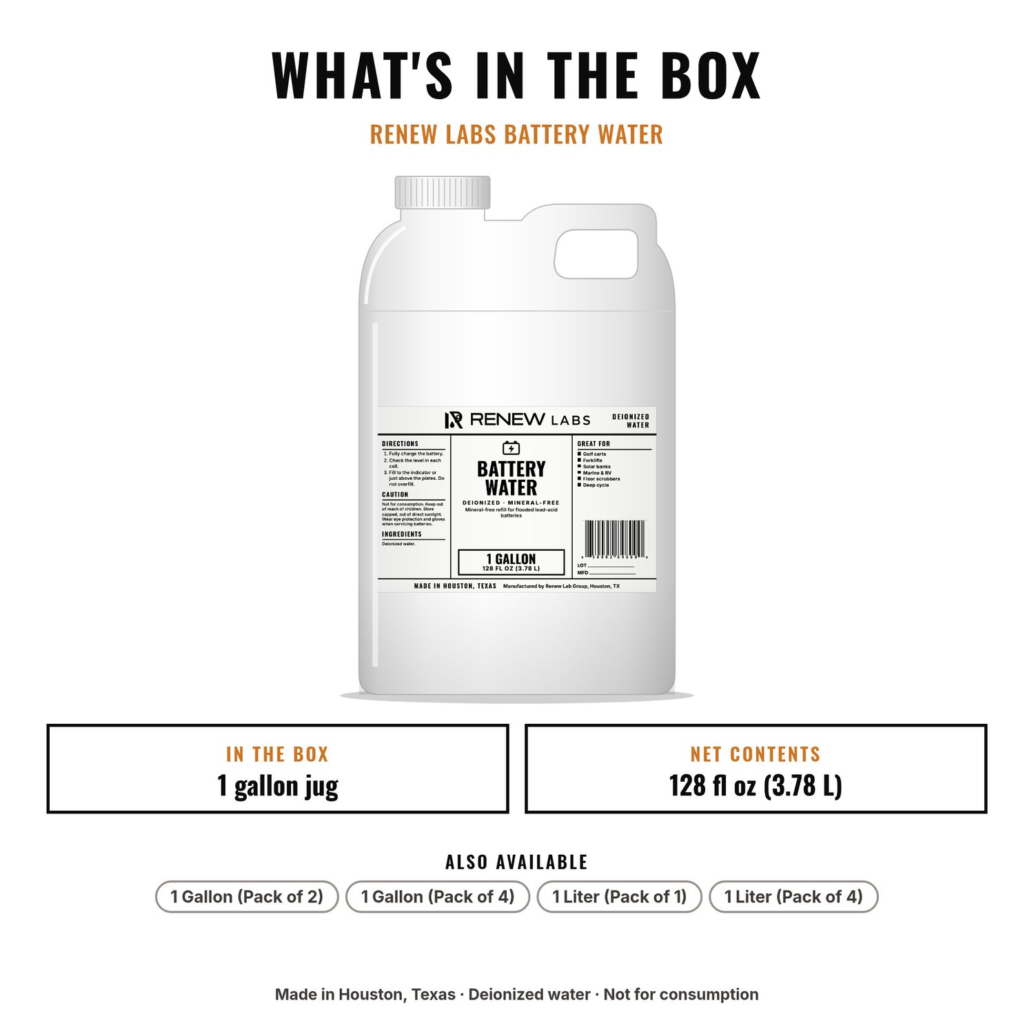 What's in the box: Renew Labs Battery Water, 1 Gallon