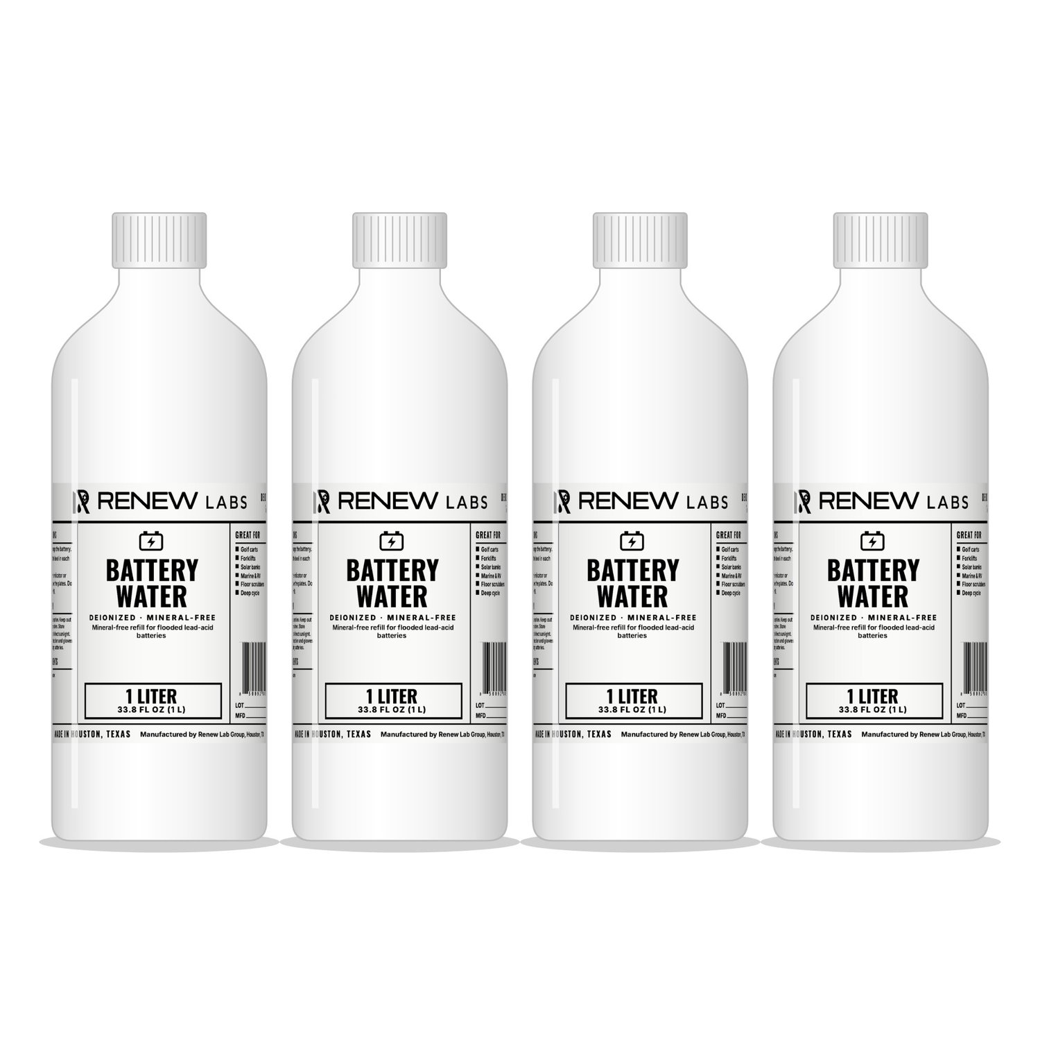 Renew Labs Battery Water 1 Liter, 4-Pack (4 Liters) bottle with label, made in Houston, Texas