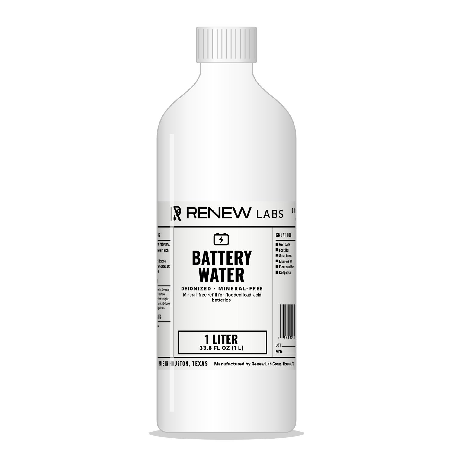 Renew Labs Battery Water 1 Liter bottle with label, made in Houston, Texas