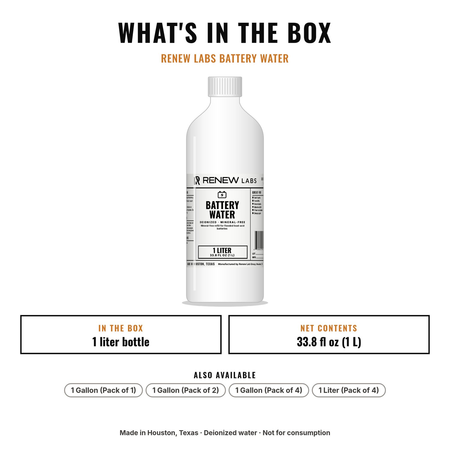 What's in the box: Renew Labs Battery Water, 1 Liter
