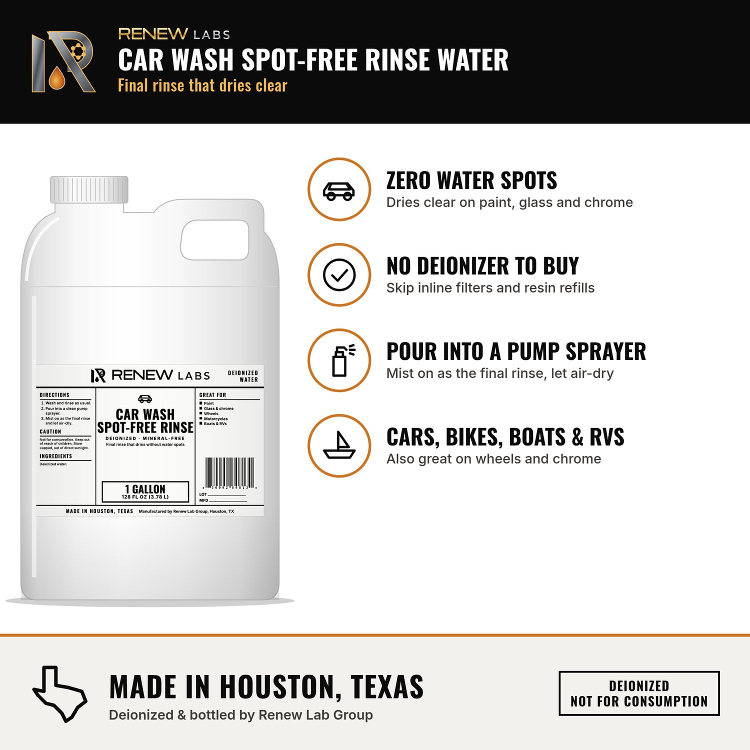 Renew Labs Car Wash Spot-Free Rinse Water benefits infographic: zero water spots, no deionizer to buy, simple to use