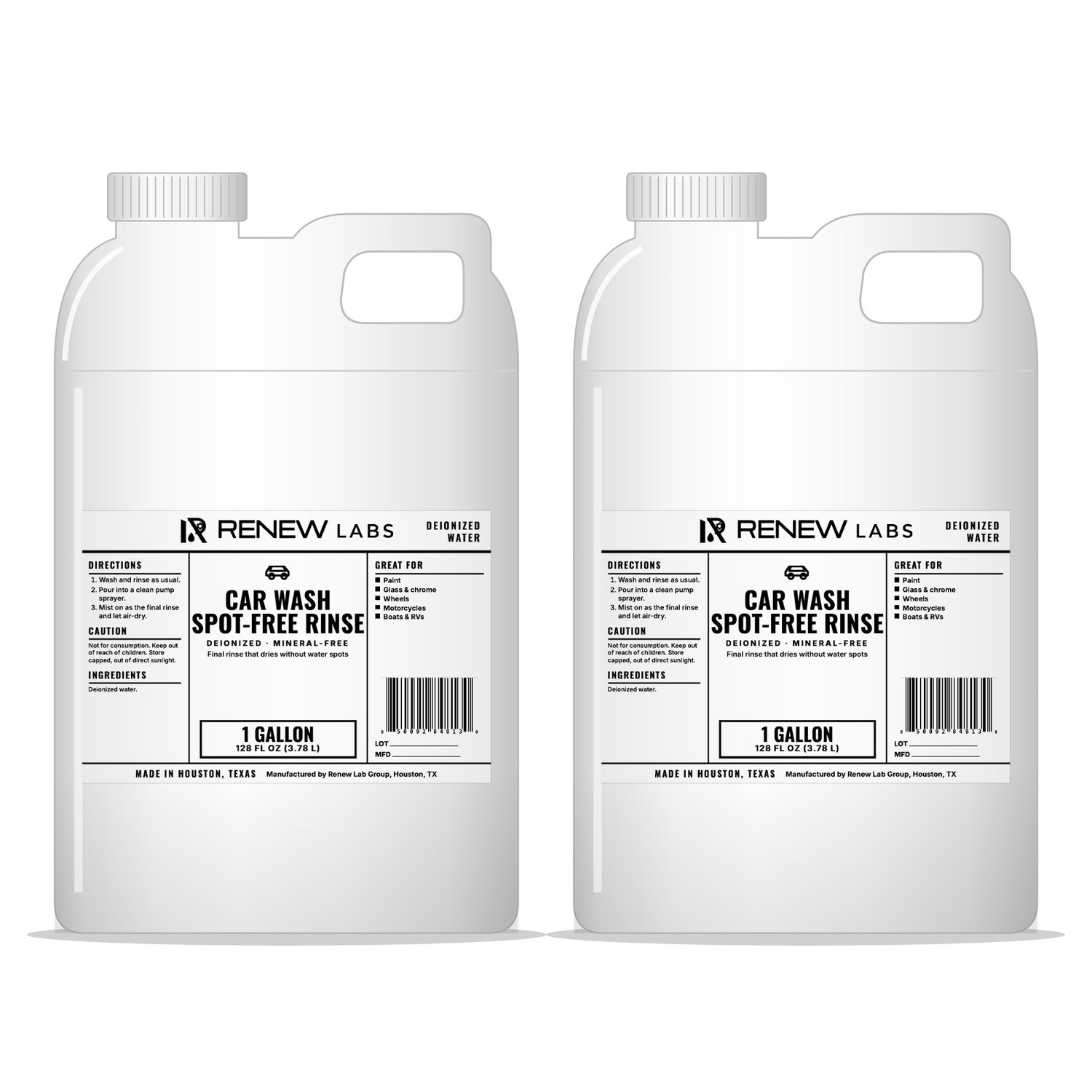 Renew Labs Car Wash Spot-Free Rinse Water 1 Gallon, 2-Pack (2 Gallons) bottle with label, made in Houston, Texas