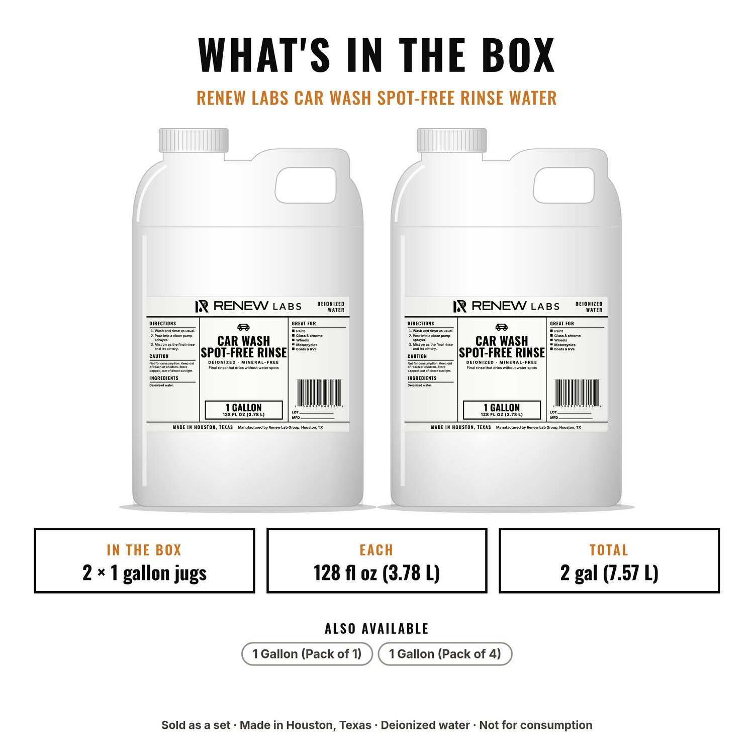 What's in the box: Renew Labs Car Wash Spot-Free Rinse Water, 1 Gallon, 2-Pack (2 Gallons)