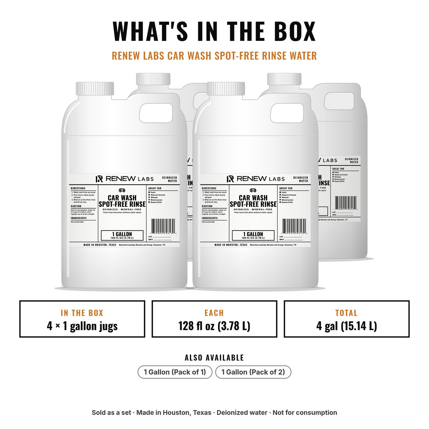 What's in the box: Renew Labs Car Wash Spot-Free Rinse Water, 1 Gallon, 4-Pack (4 Gallons)