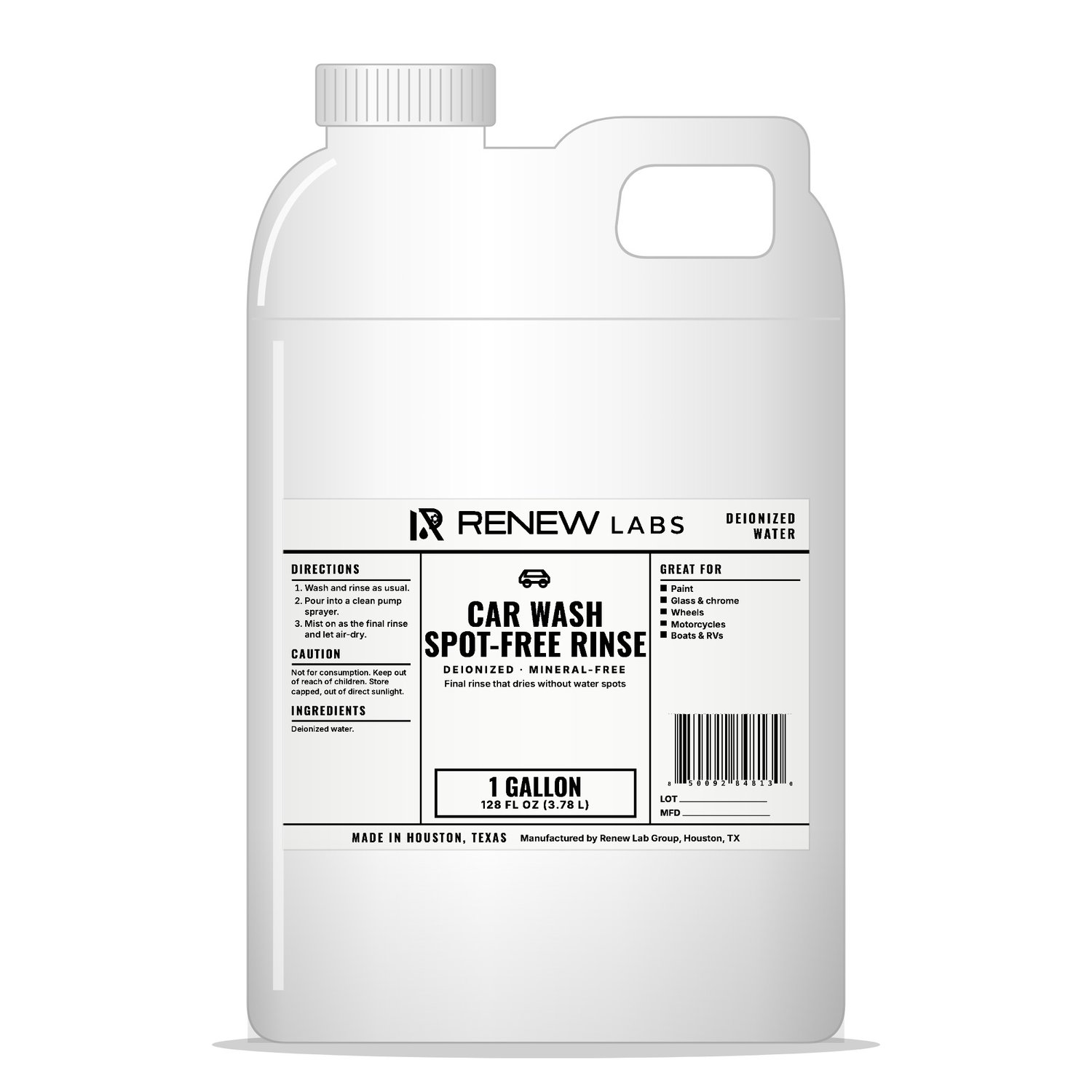 Renew Labs Car Wash Spot-Free Rinse Water 1 Gallon bottle with label, made in Houston, Texas