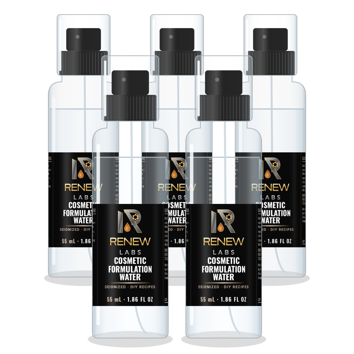 Renew Labs Cosmetic Formulation Water 5 x 55 mL Fine-Mist Spray Bottles bottle with label, made in Houston, Texas