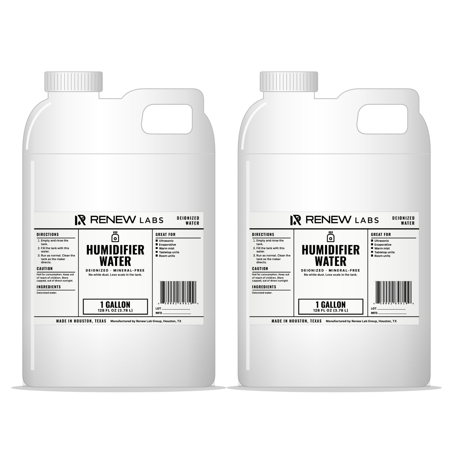 Renew Labs Humidifier Water 1 Gallon, 2-Pack (2 Gallons) bottle with label, made in Houston, Texas