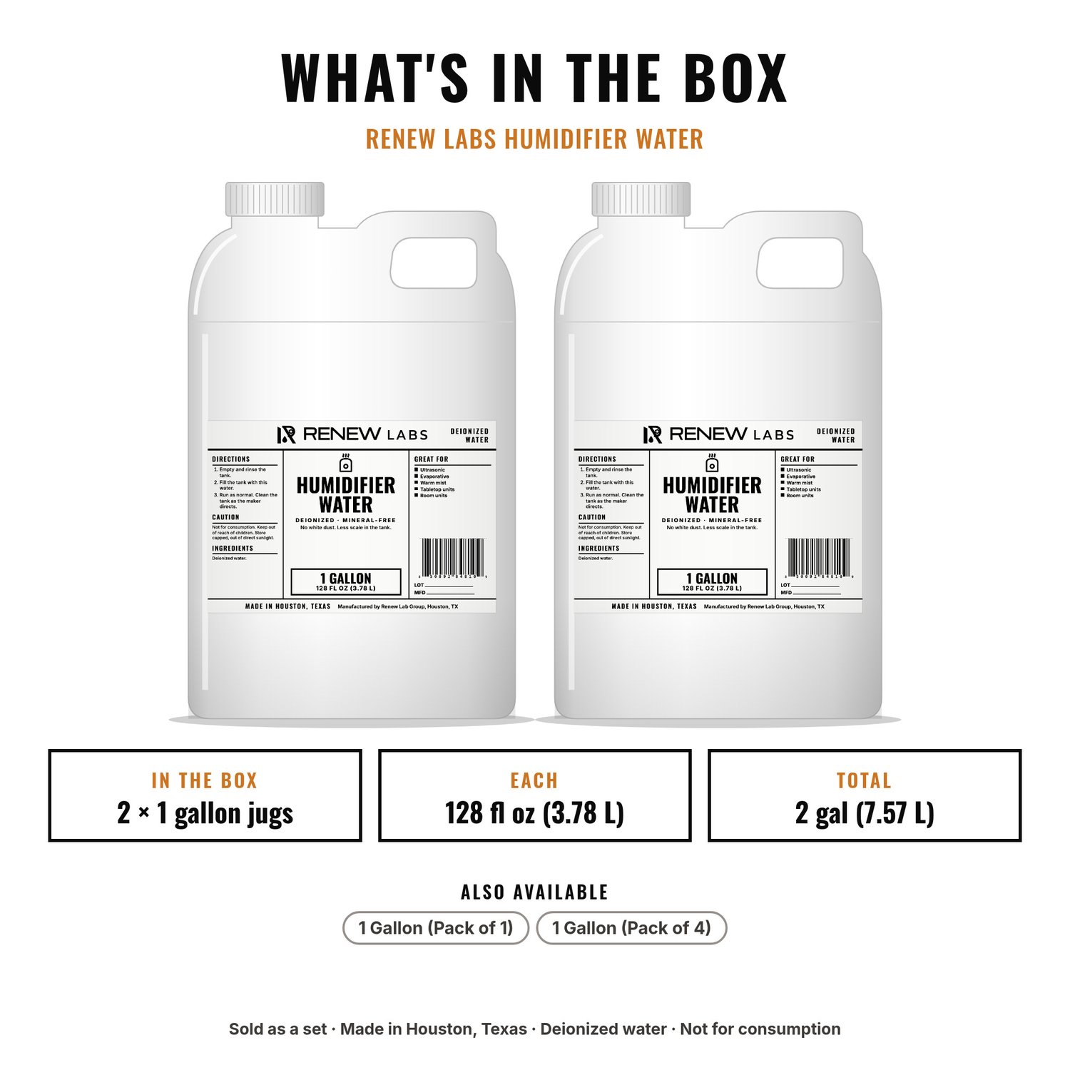 What's in the box: Renew Labs Humidifier Water, 1 Gallon, 2-Pack (2 Gallons)