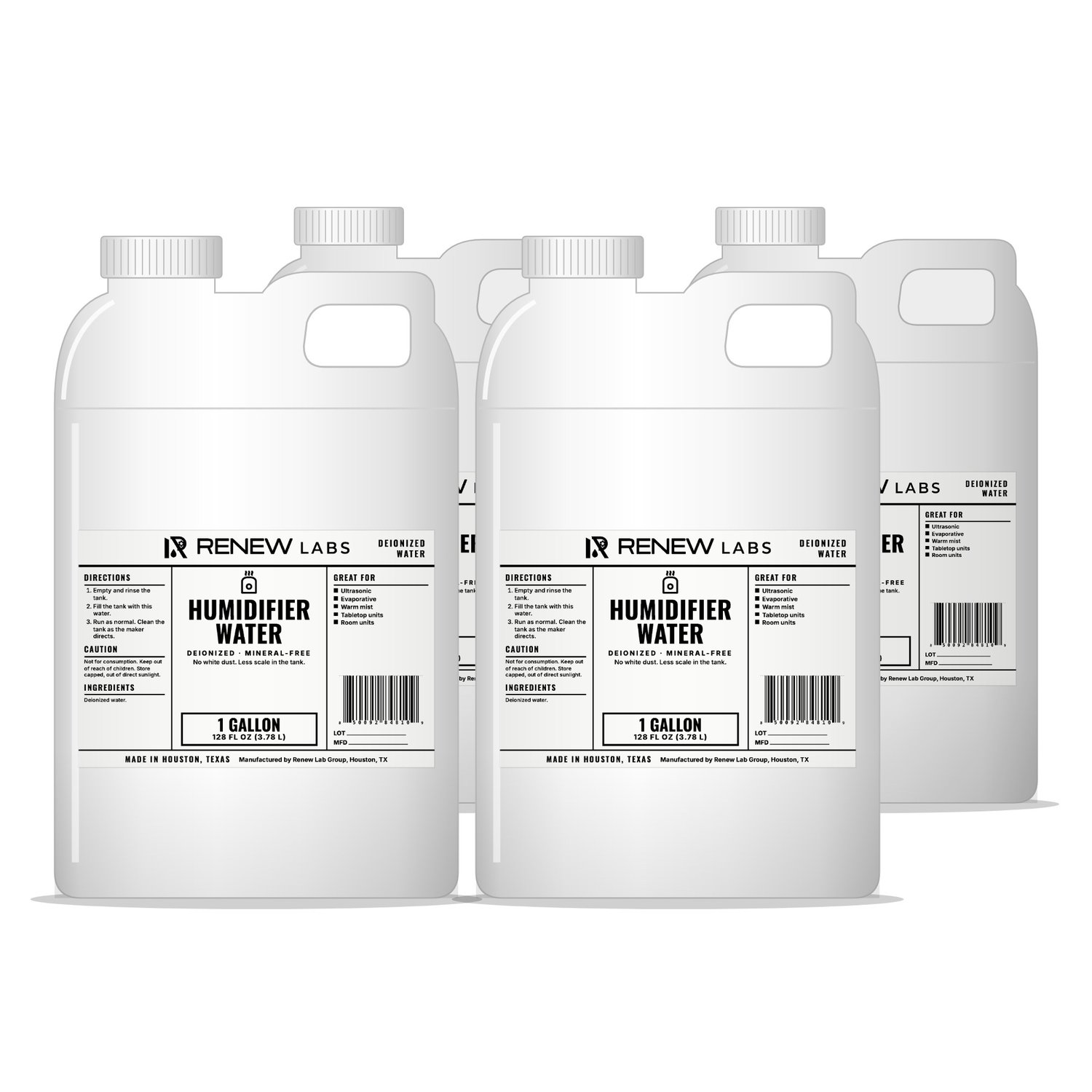 Renew Labs Humidifier Water 1 Gallon, 4-Pack (4 Gallons) bottle with label, made in Houston, Texas