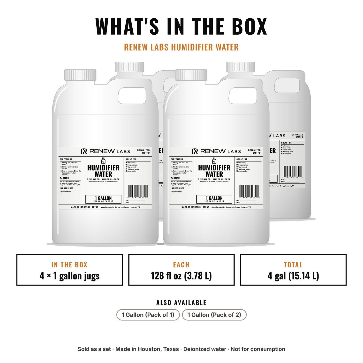 What's in the box: Renew Labs Humidifier Water, 1 Gallon, 4-Pack (4 Gallons)