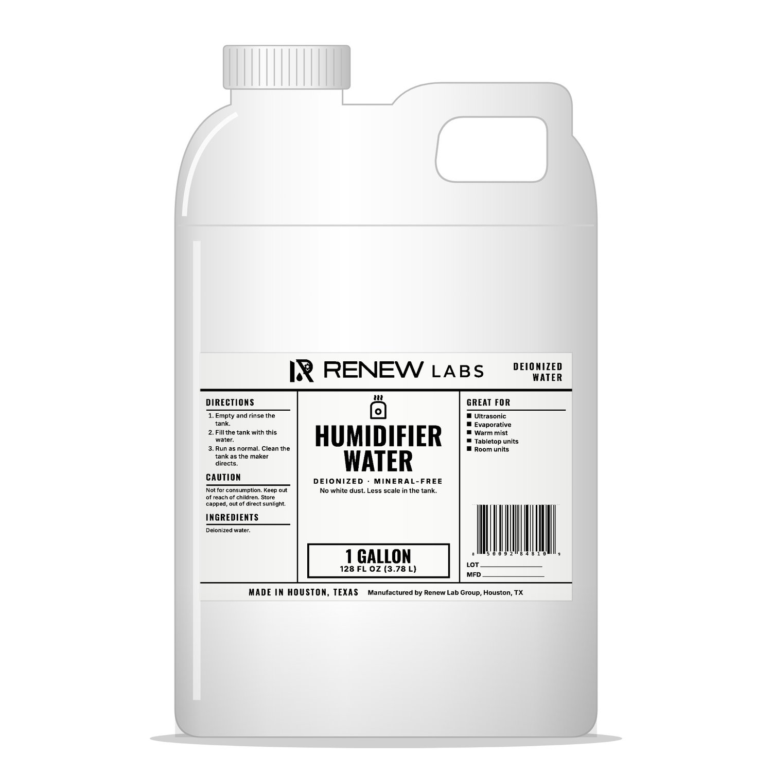 Renew Labs Humidifier Water 1 Gallon bottle with label, made in Houston, Texas