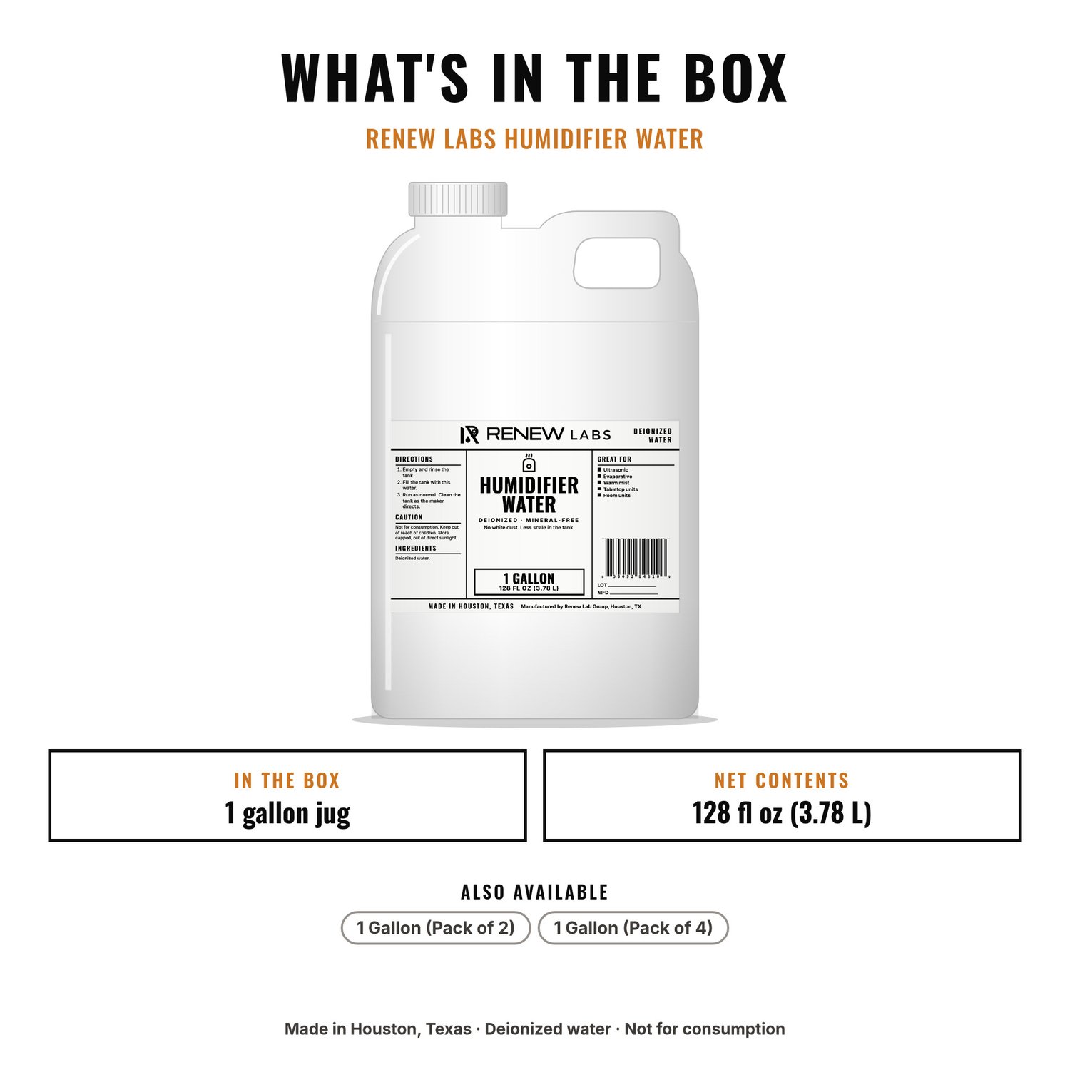 What's in the box: Renew Labs Humidifier Water, 1 Gallon