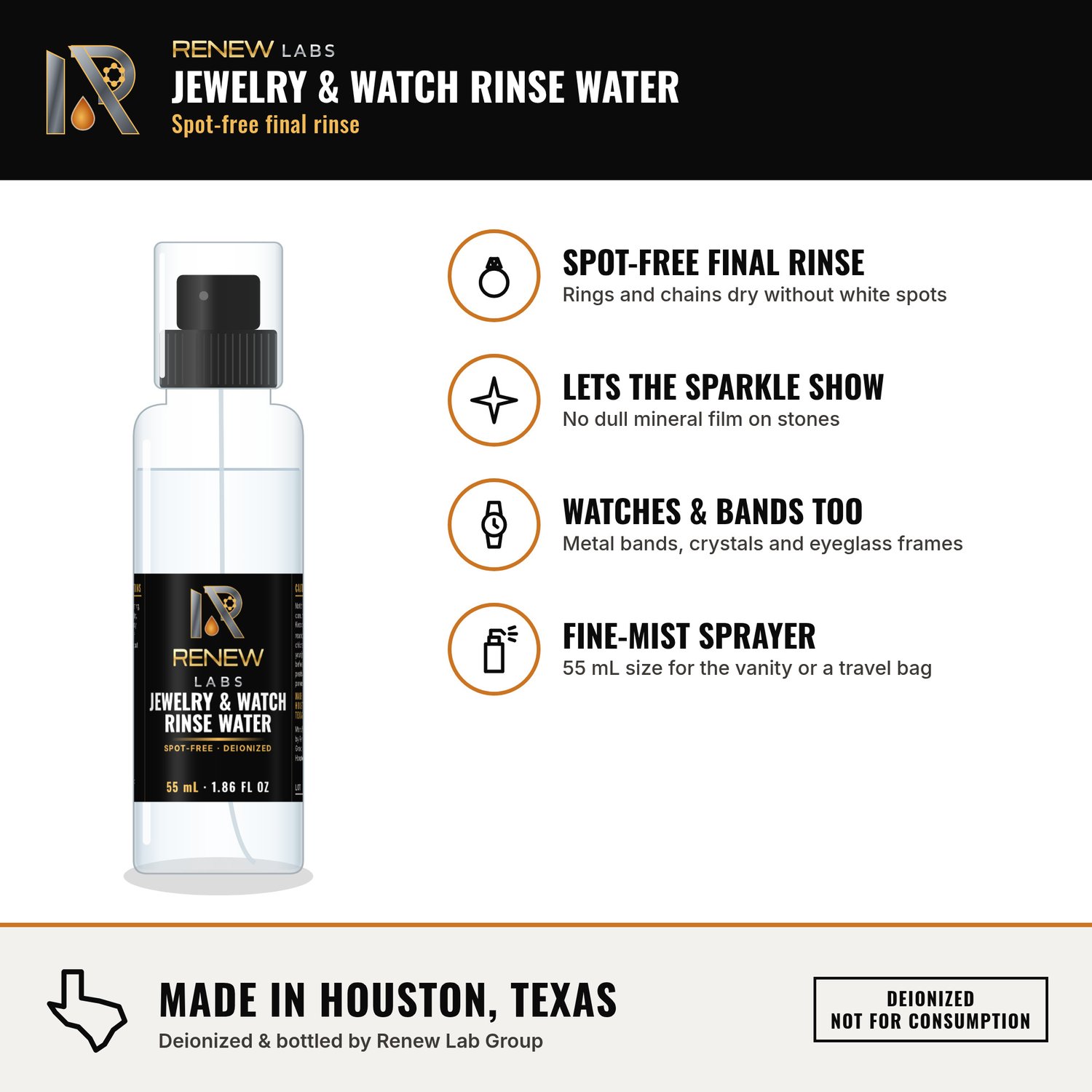 Renew Labs Jewelry & Watch Rinse Water benefits infographic: spot-free final rinse, lets the sparkle show, fine-mist spray