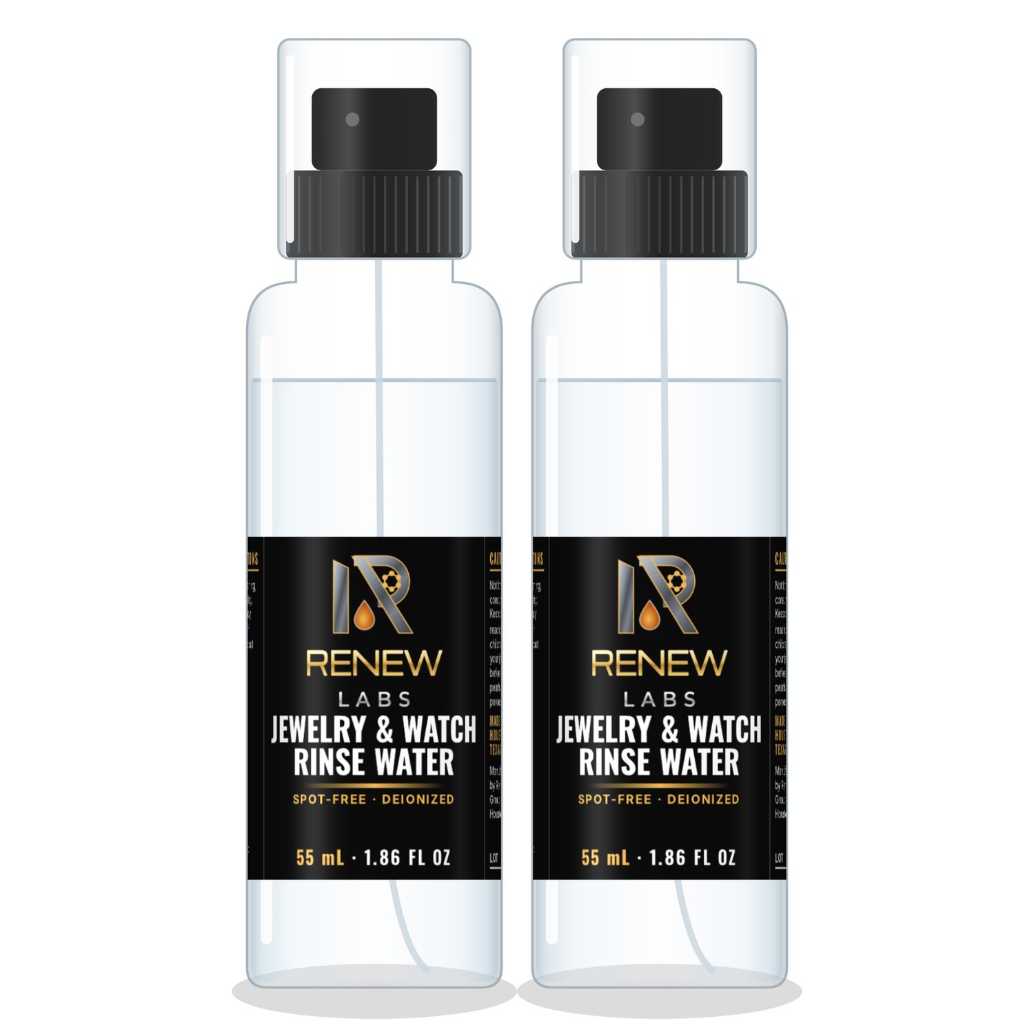 Renew Labs Jewelry & Watch Rinse Water 2 x 55 mL Fine-Mist Spray Bottles bottle with label, made in Houston, Texas