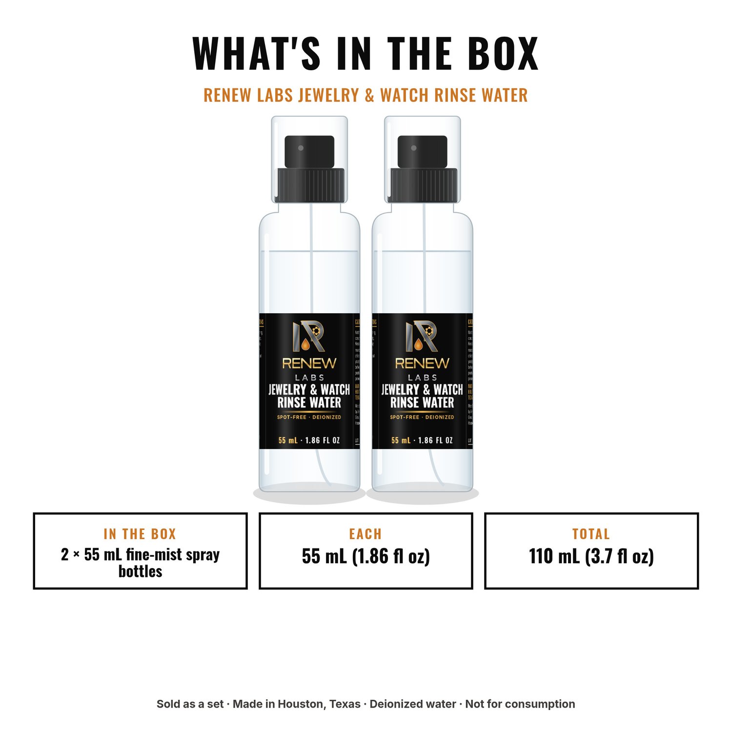 What's in the box: Renew Labs Jewelry & Watch Rinse Water, 2 x 55 mL Fine-Mist Spray Bottles