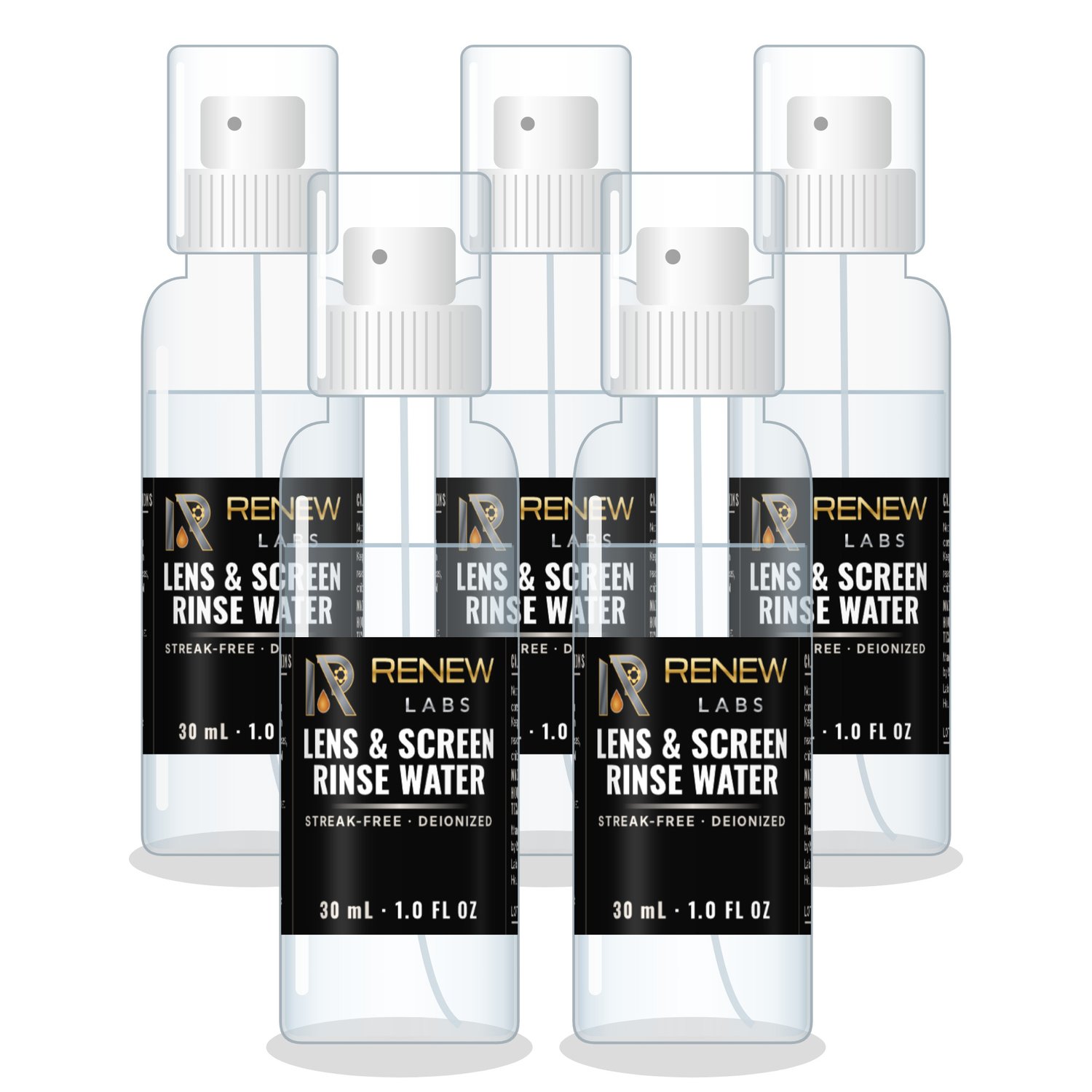 Renew Labs Lens & Screen Rinse Water 5 x 30 mL Pocket Mist Bottles bottle with label, made in Houston, Texas