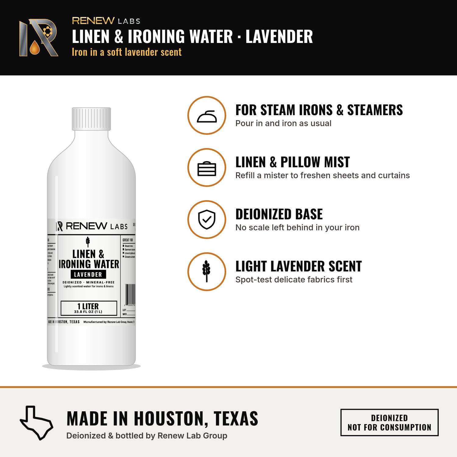 Renew Labs Linen & Ironing Water benefits infographic: for steam irons & steamers, linen & pillow mist, deionized base