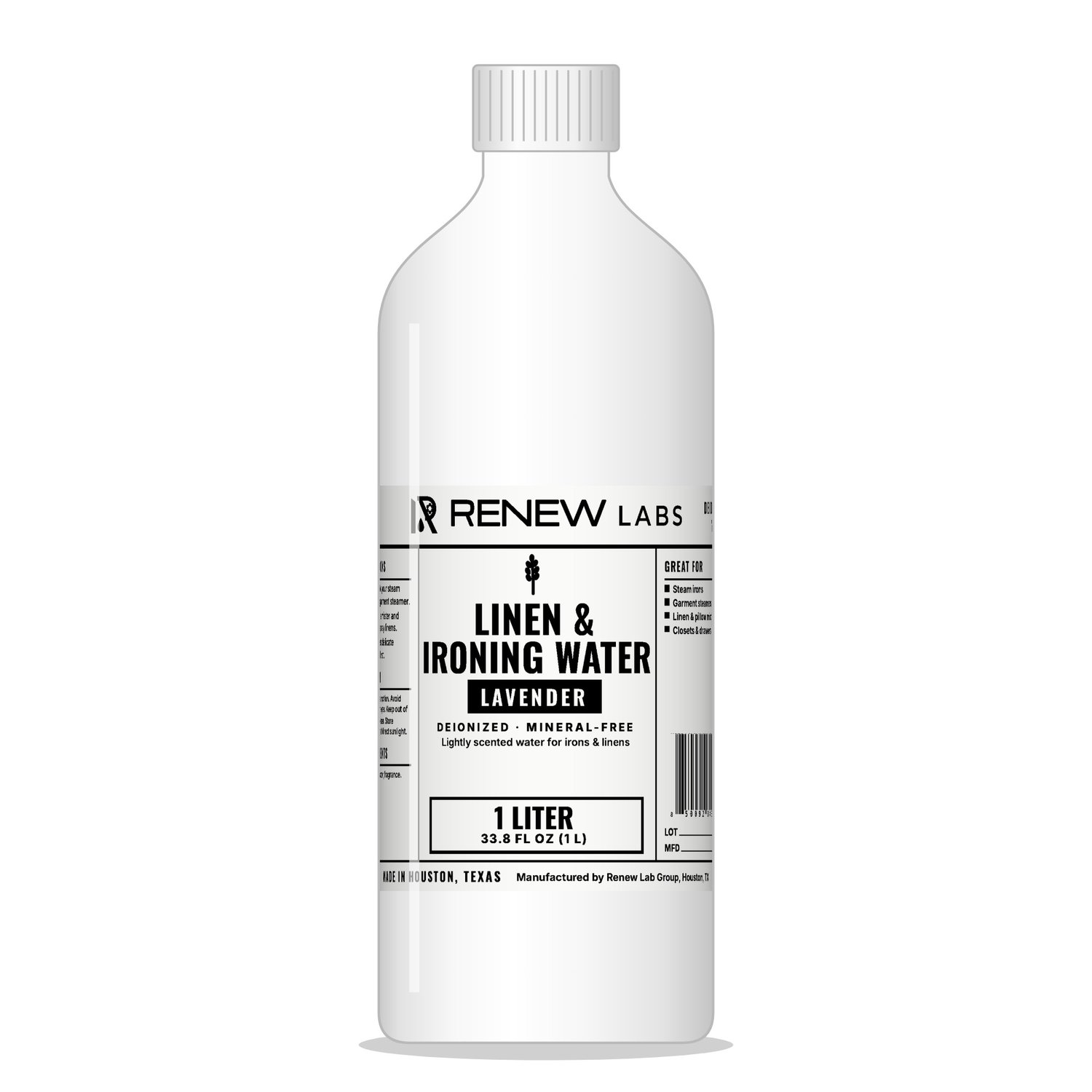 Renew Labs Linen & Ironing Water Lavender, 1 Liter bottle with label, made in Houston, Texas