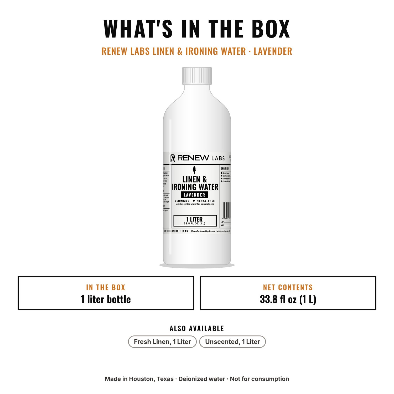 What's in the box: Renew Labs Linen & Ironing Water, Lavender, 1 Liter