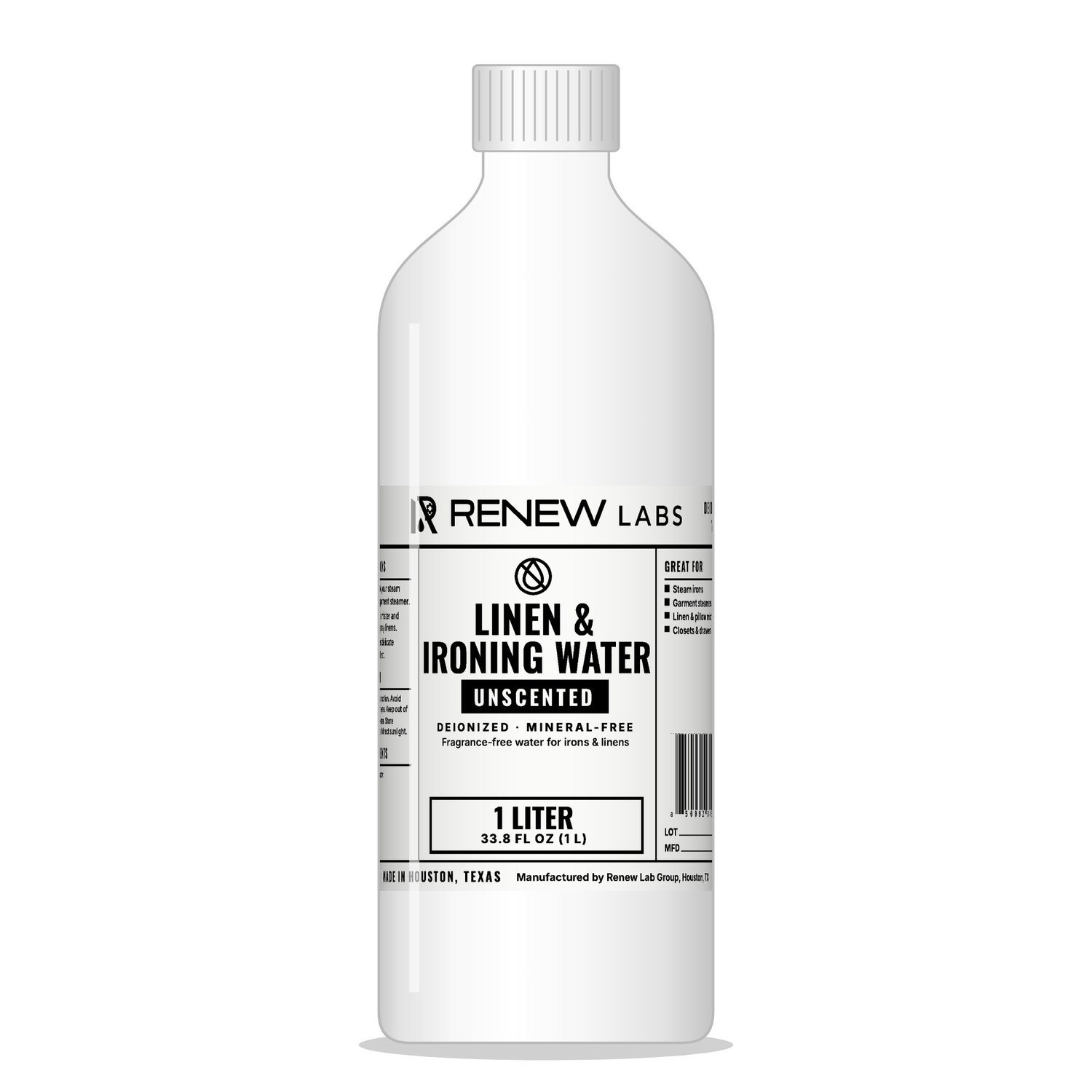 Renew Labs Linen & Ironing Water Unscented, 1 Liter bottle with label, made in Houston, Texas