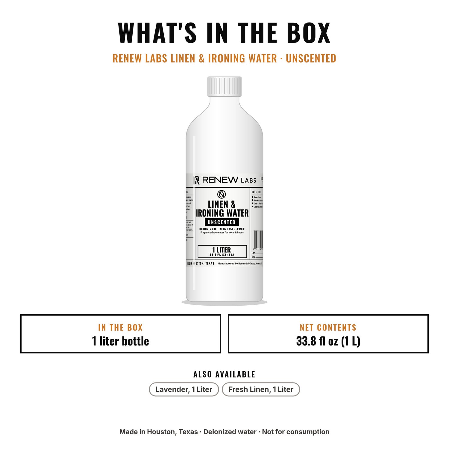 What's in the box: Renew Labs Linen & Ironing Water, Unscented, 1 Liter