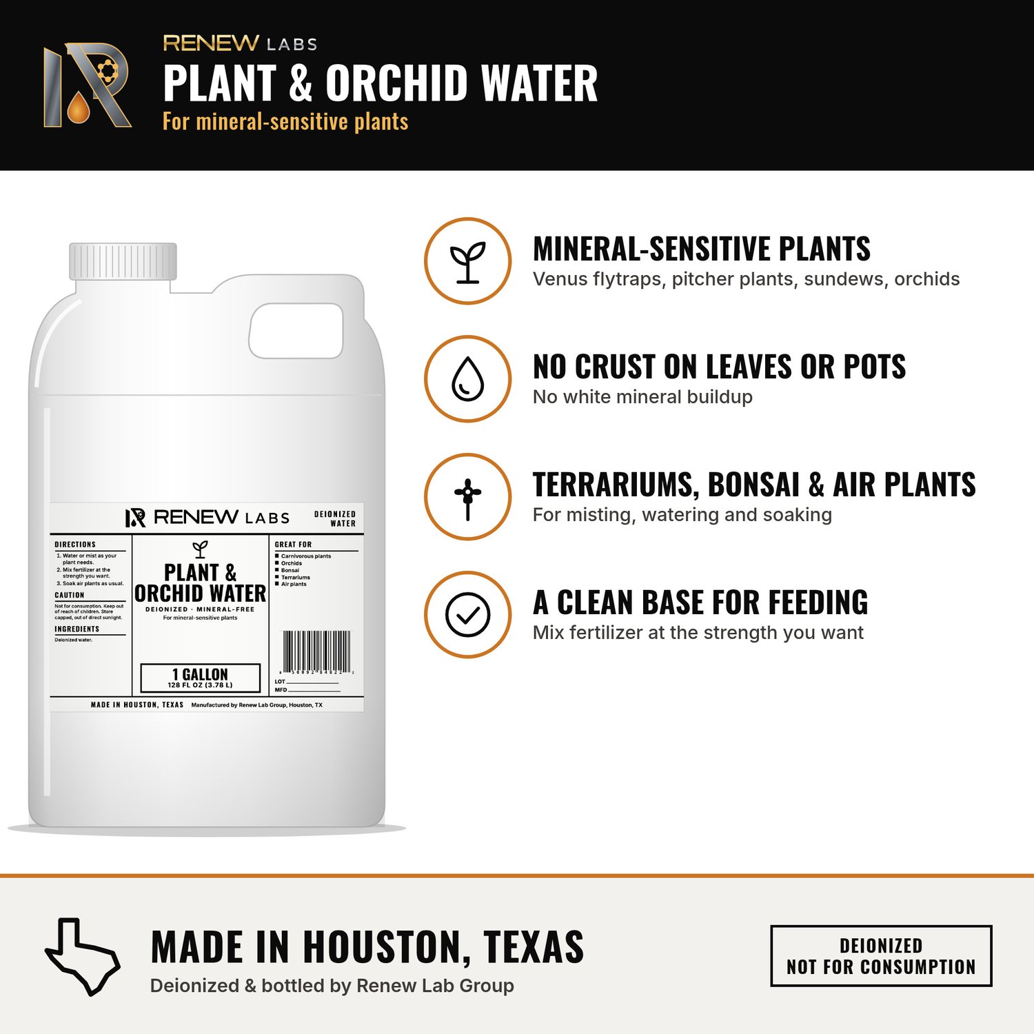 Renew Labs Plant & Orchid Water benefits infographic: for mineral-sensitive plants, no crust on leaves or pots, terrariums, bonsai & air plants