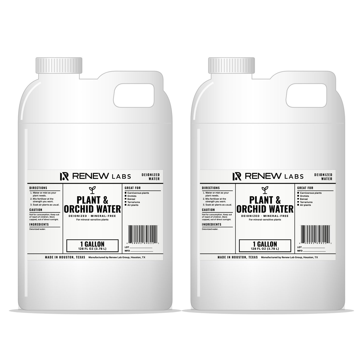Renew Labs Plant & Orchid Water 1 Gallon, 2-Pack (2 Gallons) bottle with label, made in Houston, Texas