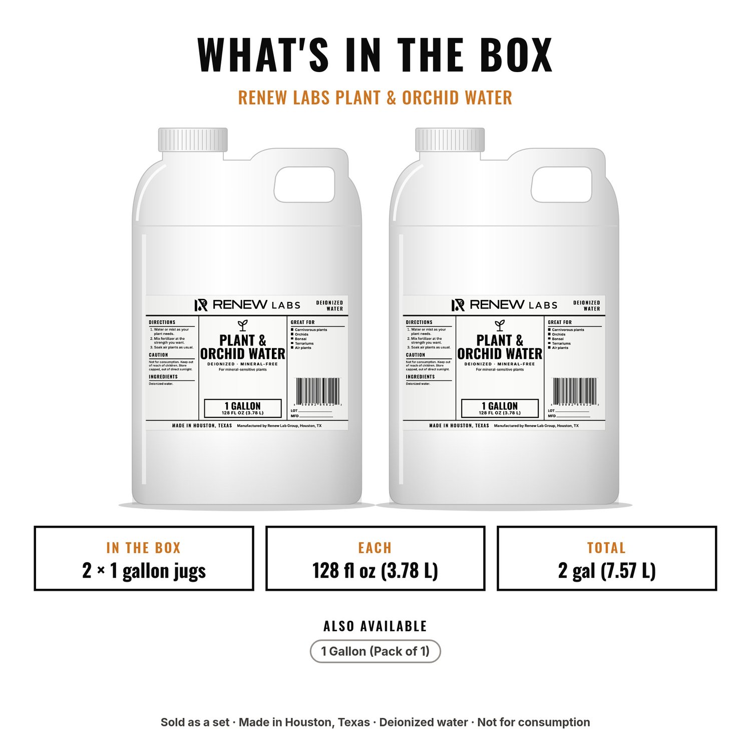 What's in the box: Renew Labs Plant & Orchid Water, 1 Gallon, 2-Pack (2 Gallons)