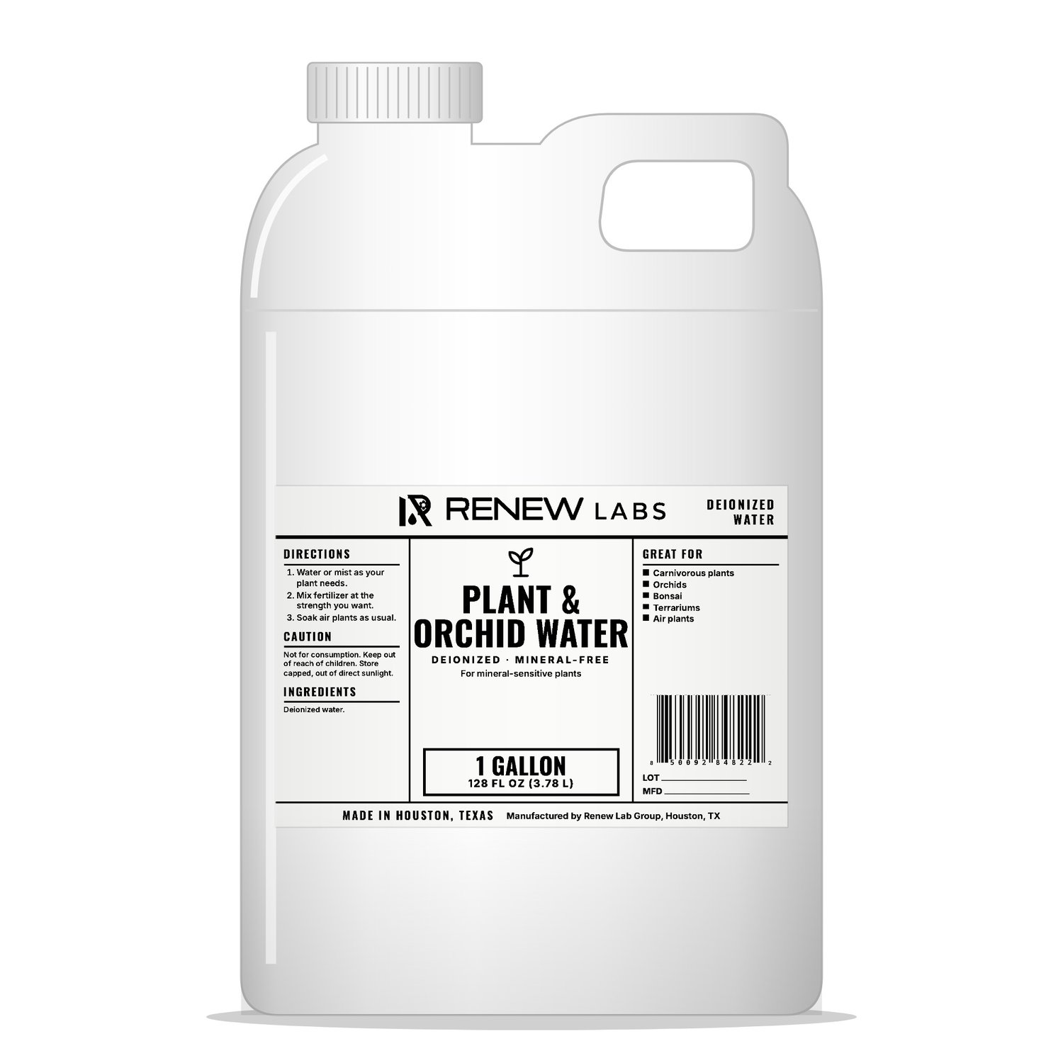 Renew Labs Plant & Orchid Water 1 Gallon bottle with label, made in Houston, Texas