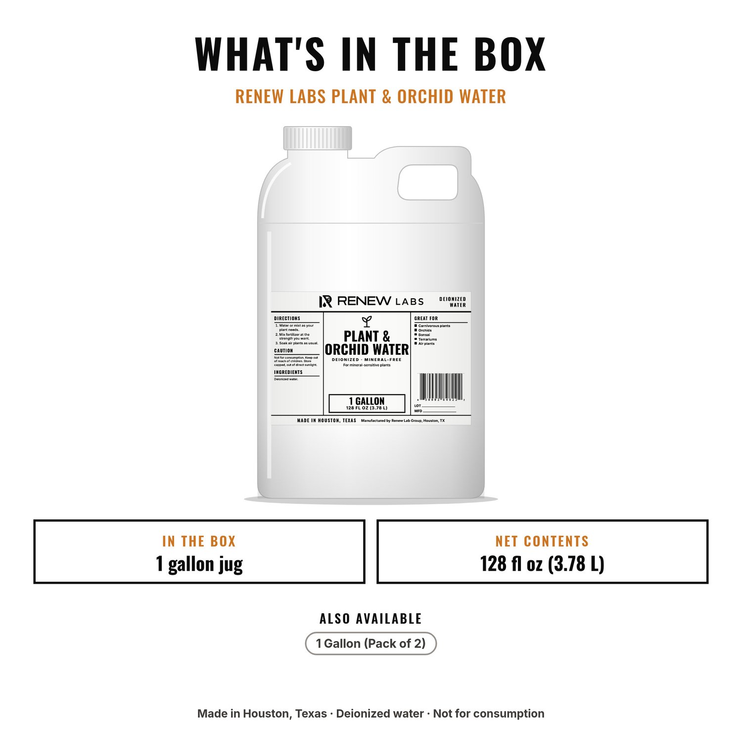 What's in the box: Renew Labs Plant & Orchid Water, 1 Gallon