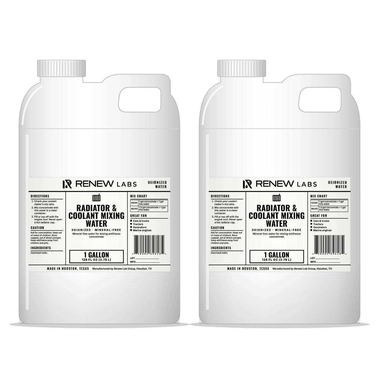 Renew Labs Radiator & Coolant Mixing Water 1 Gallon, 2-Pack (2 Gallons) bottle with label, made in Houston, Texas