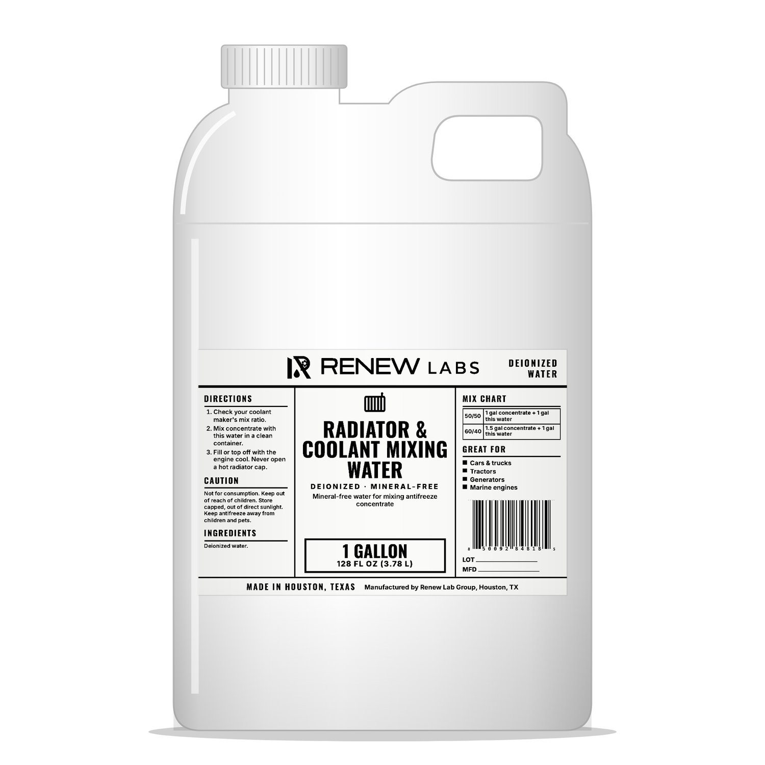 Renew Labs Radiator & Coolant Mixing Water 1 Gallon bottle with label, made in Houston, Texas