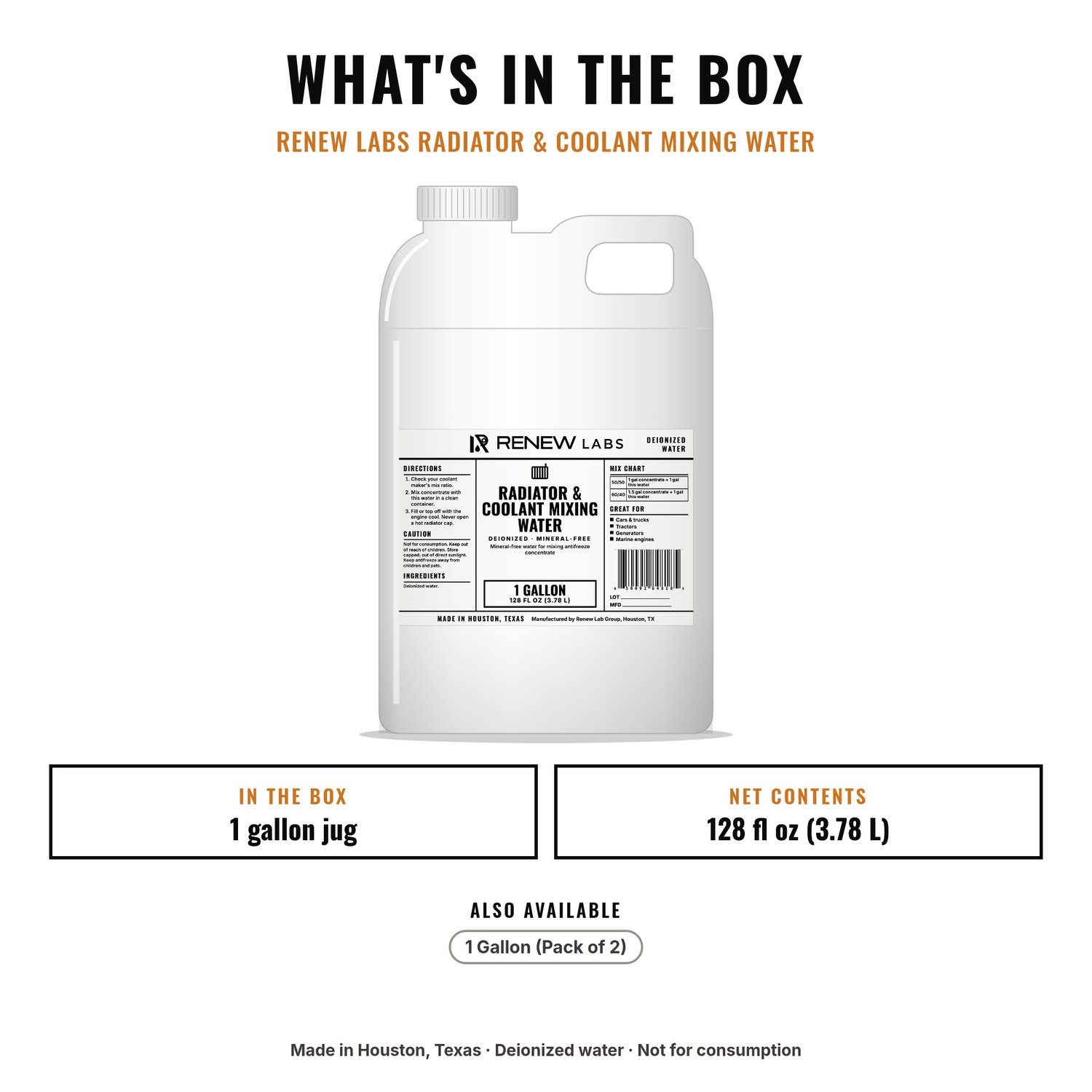 What's in the box: Renew Labs Radiator & Coolant Mixing Water, 1 Gallon