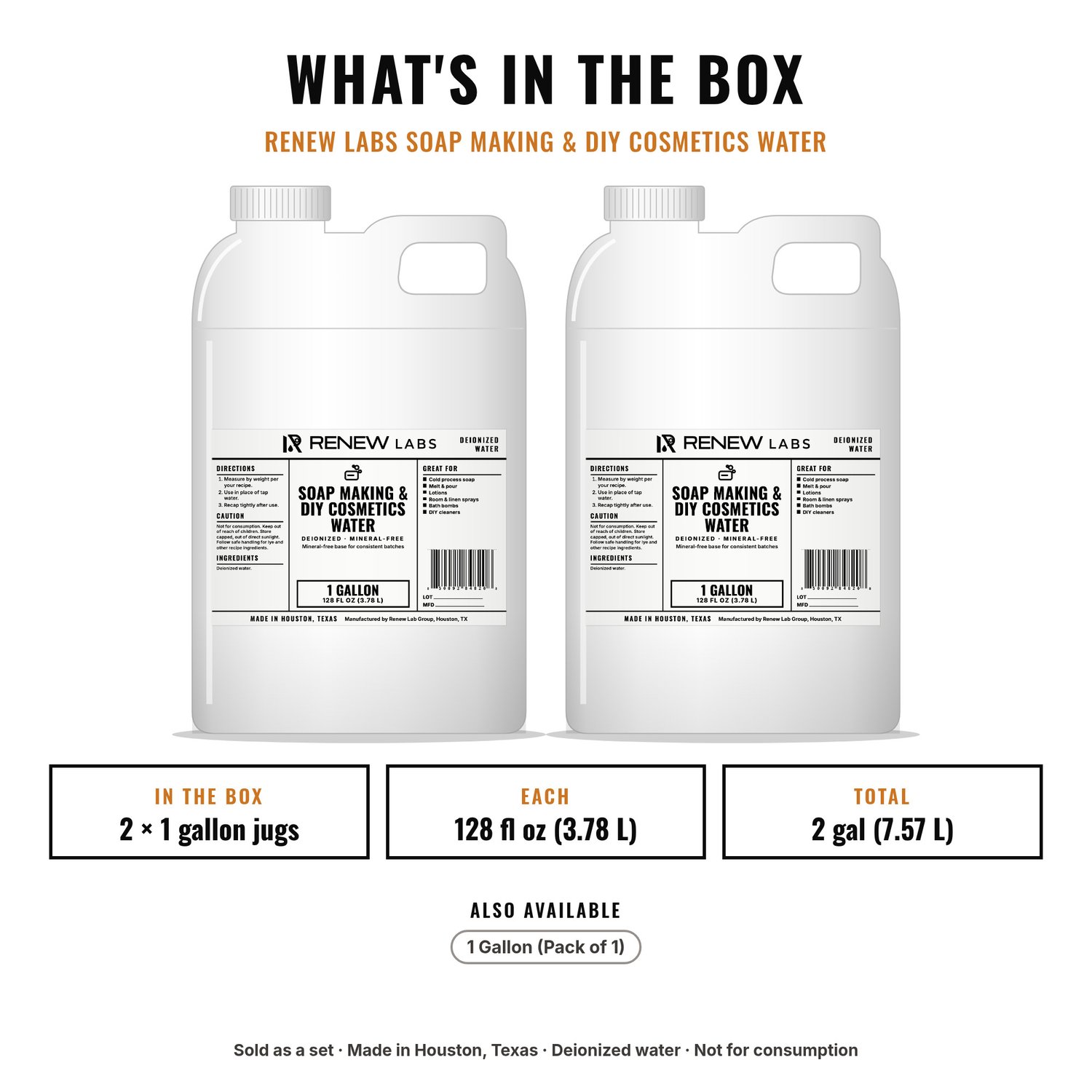 What's in the box: Renew Labs Soap Making & DIY Cosmetics Water, 1 Gallon, 2-Pack (2 Gallons)
