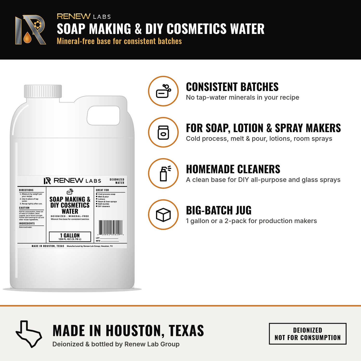 Renew Labs Soap Making & DIY Cosmetics Water benefits infographic: consistent batches, for soap & lotion makers, homemade cleaners
