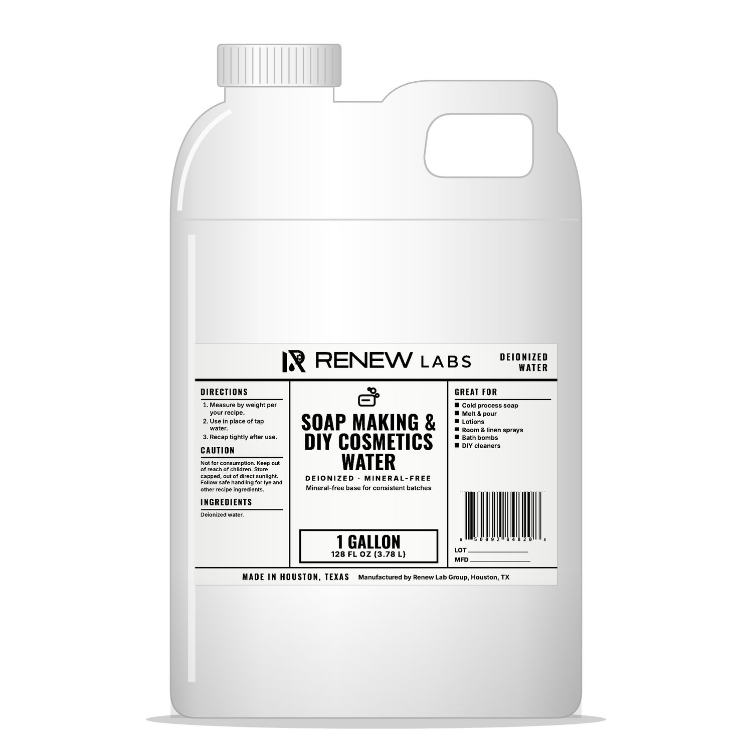 Renew Labs Soap Making & DIY Cosmetics Water 1 Gallon bottle with label, made in Houston, Texas