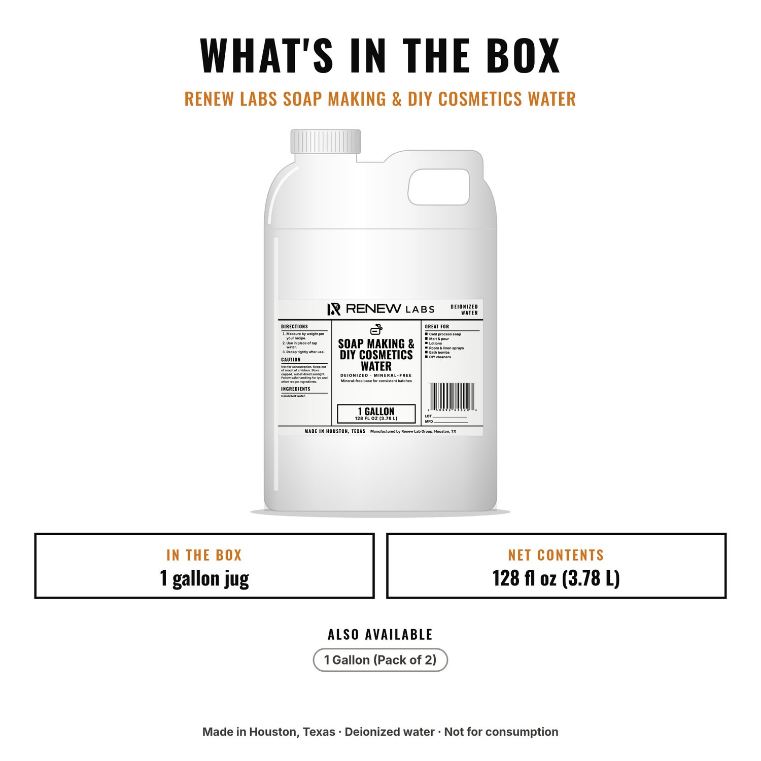 What's in the box: Renew Labs Soap Making & DIY Cosmetics Water, 1 Gallon