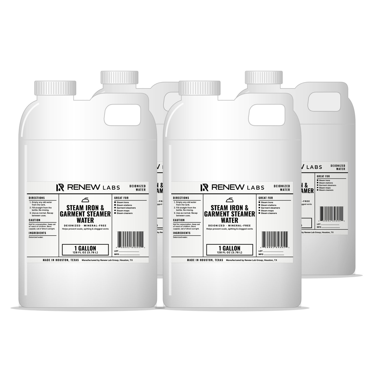 Renew Labs Steam Iron & Garment Steamer Water 1 Gallon, 4-Pack (4 Gallons) bottle with label, made in Houston, Texas
