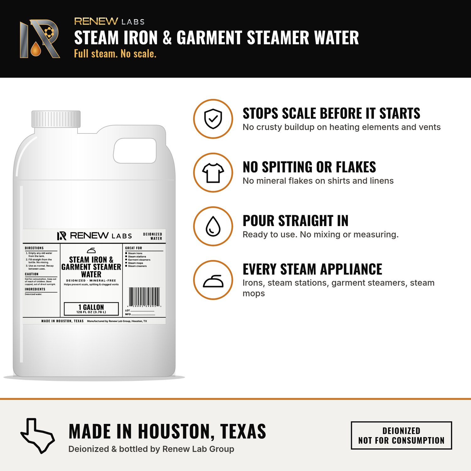 Renew Labs Steam Iron & Garment Steamer Water benefits infographic: helps prevent scale, no spitting or flakes, ready to pour