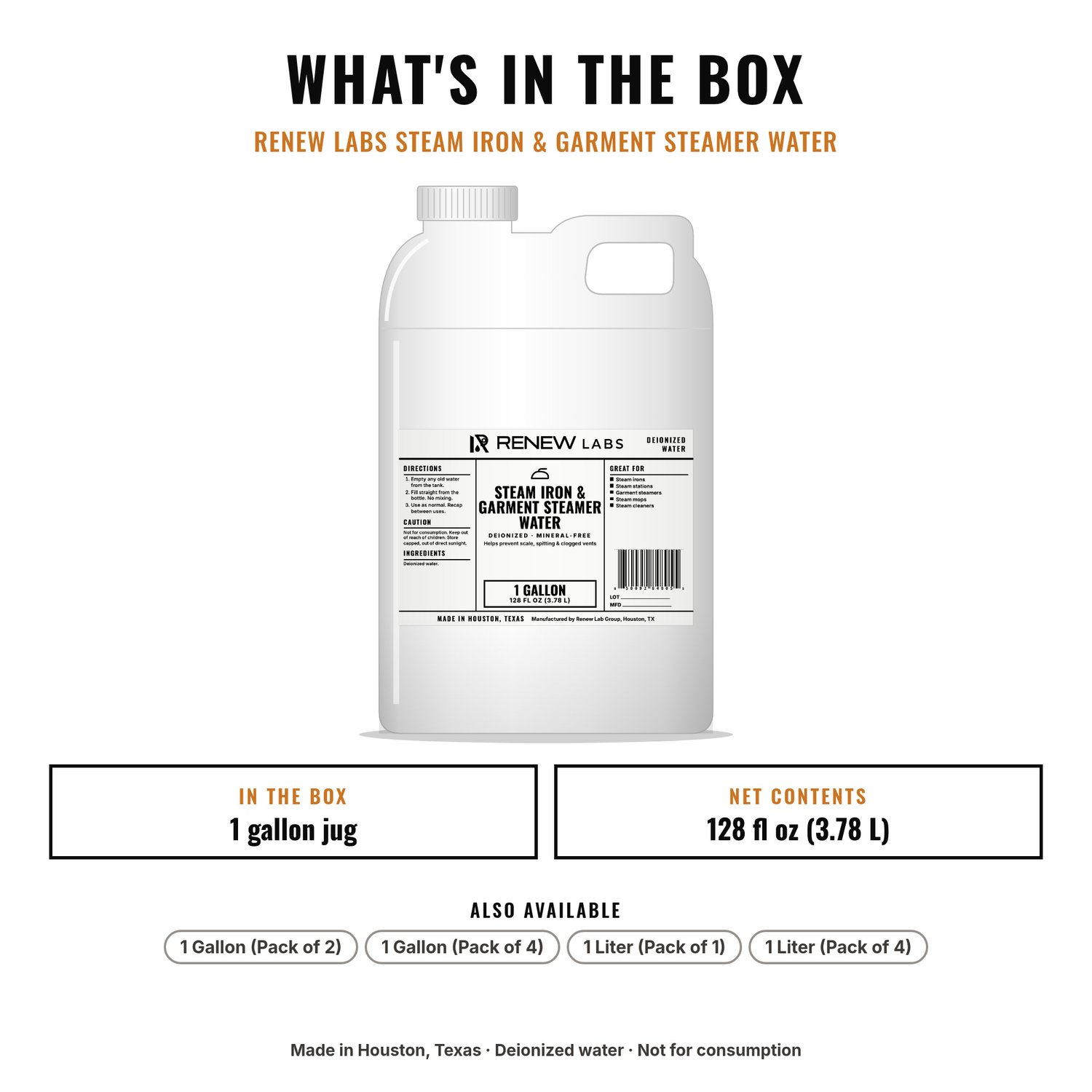 What's in the box: Renew Labs Steam Iron & Garment Steamer Water, 1 Gallon